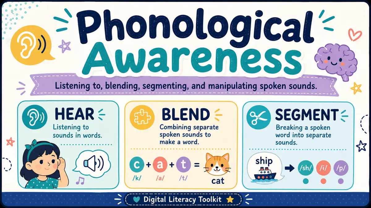 Instructional graphic showing hearing, segmenting, and connecting phonemes.