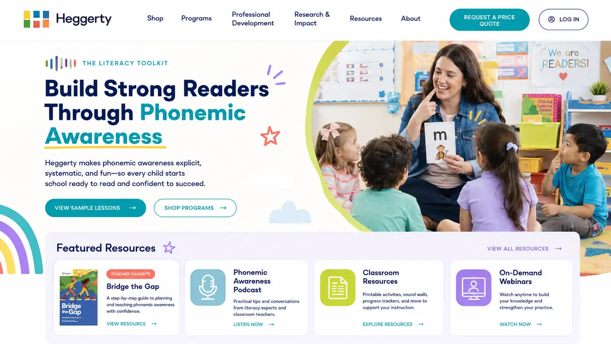 Heggerty phonemic awareness program page with curriculum resources.