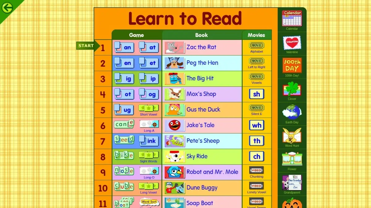 Starfall Learn to Read screen showing phonics activities and decodable books.