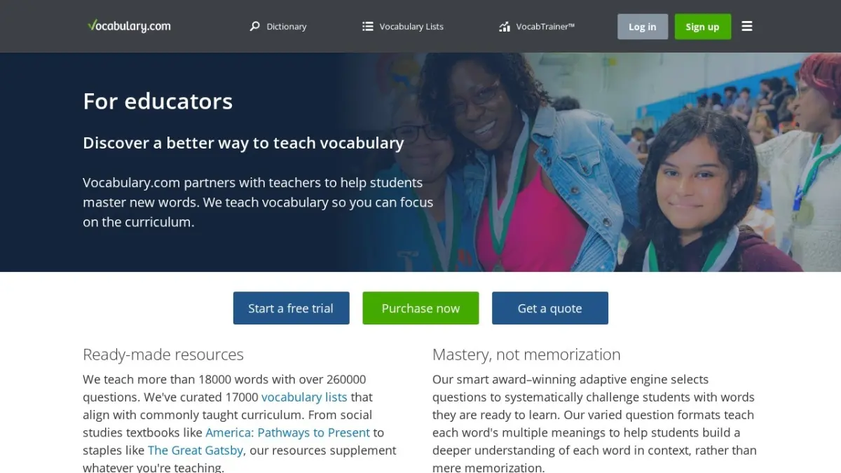 Vocabulary.com educator page showing contextual vocabulary learning features.