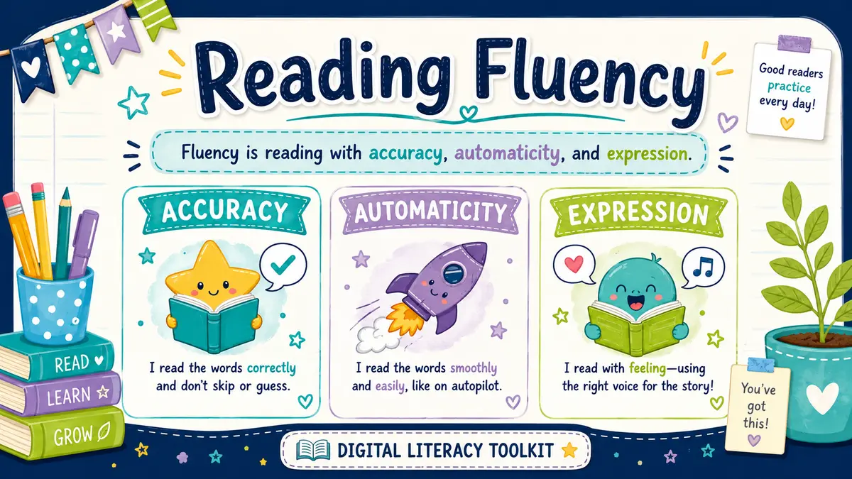 Instructional graphic showing accuracy, automaticity, and expression in fluency practice.