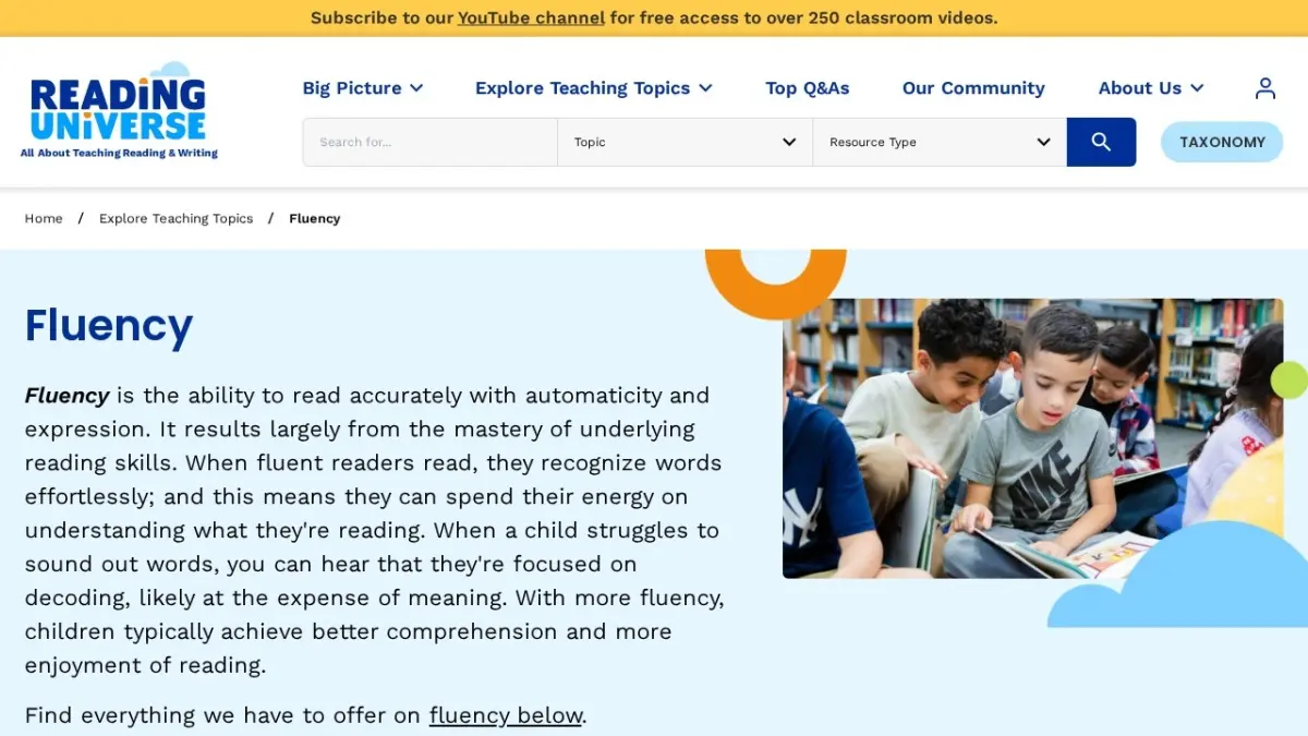 Reading Universe fluency page explaining accuracy, automaticity, and expression.