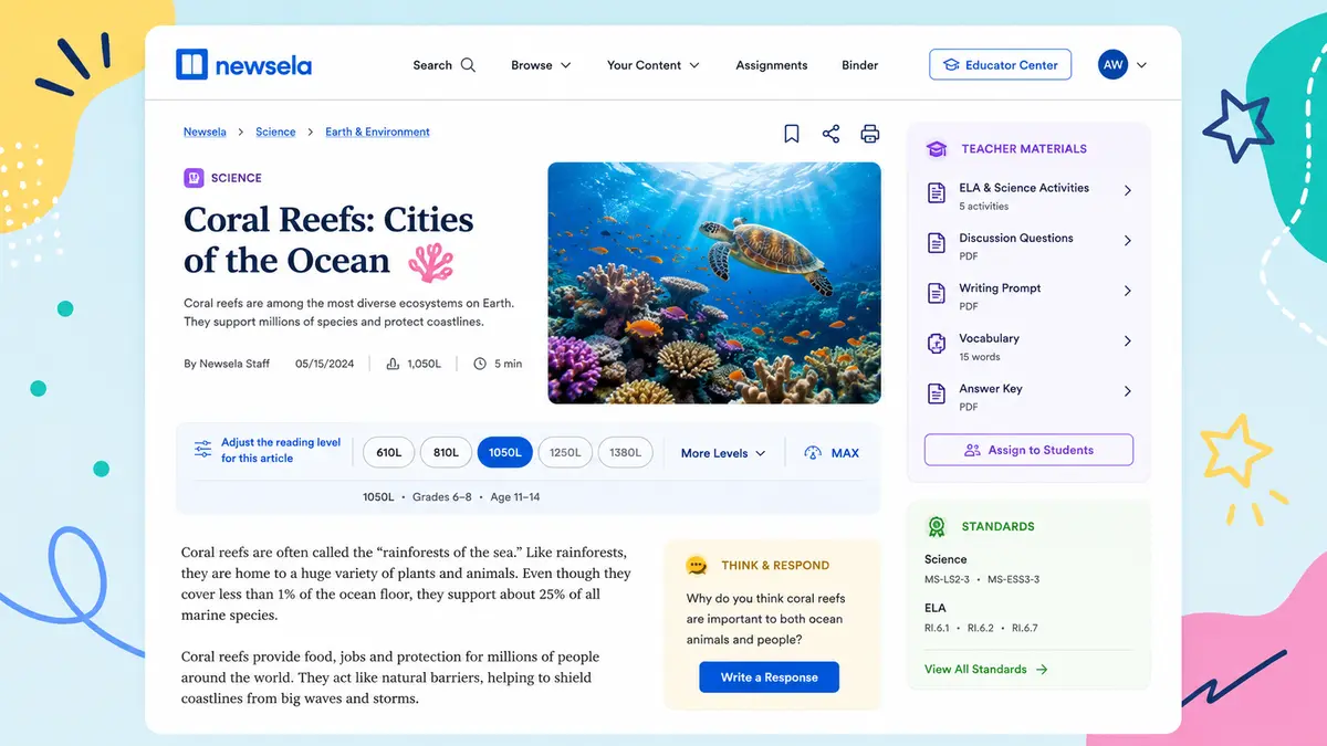 Newsela ELA page showing literacy instruction features.