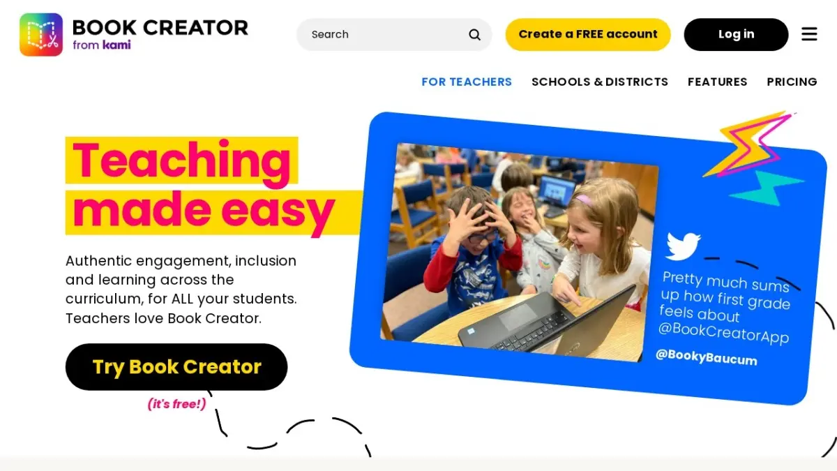 Book Creator teacher page showing digital book creation tools.